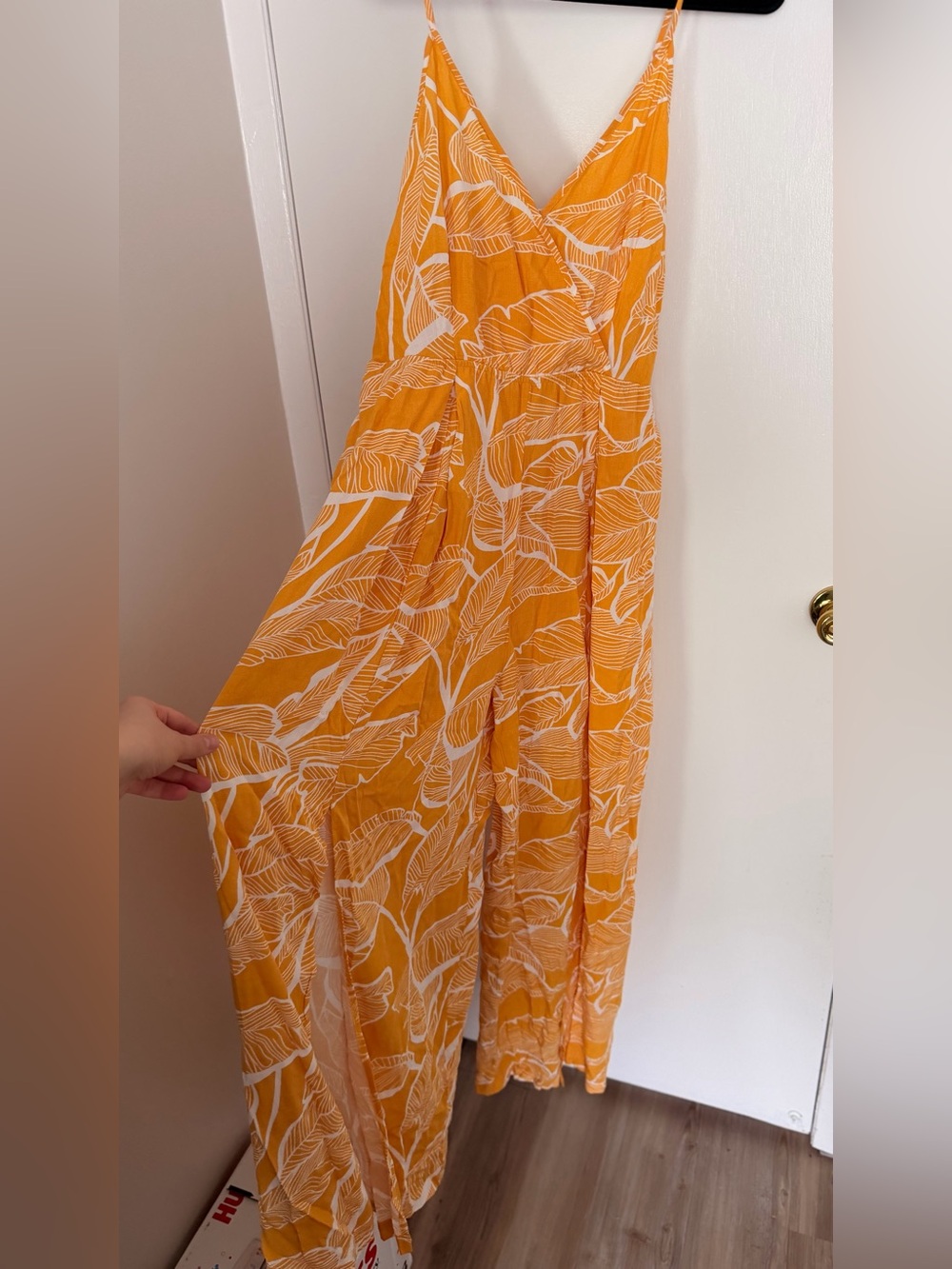 Tropical Leaf Print V-Neck Yellow Maxi jumpsuit